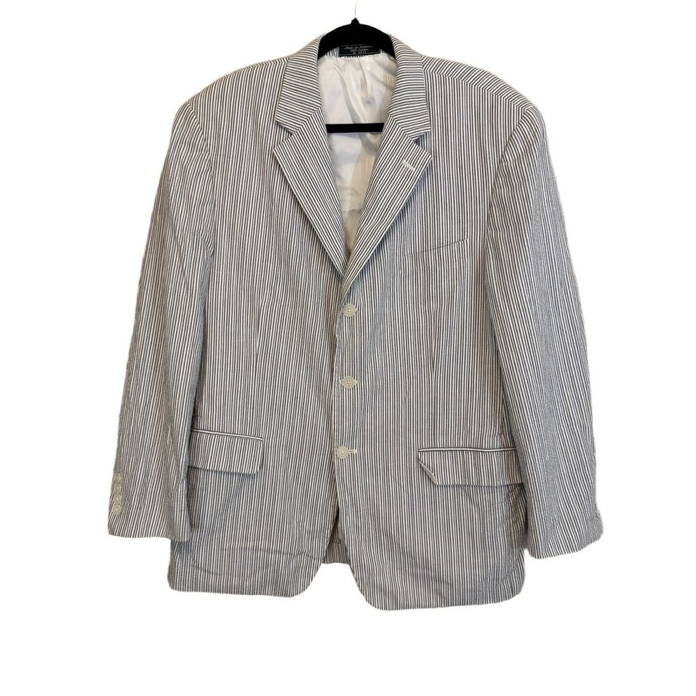 Haspel Mens Blazer Seersucker Jacket Blue White 43R